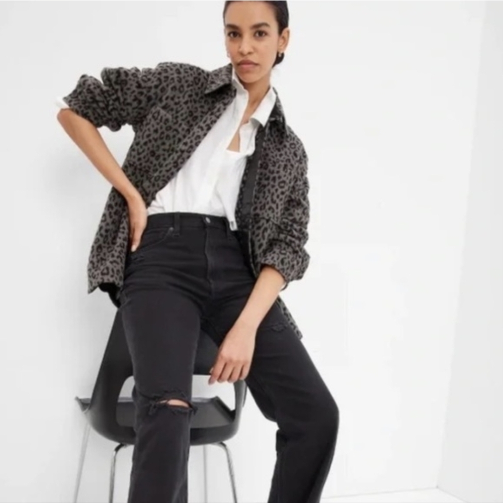 GAP Animal Print Wool Blend Shacket Medium Tall Grey Black Leopard 451473 NWT